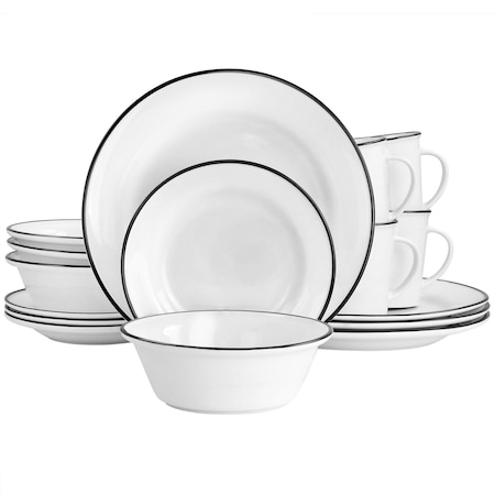 Martha Stewart Black Rimmed Fine Ceramic 16 Piece Dinnerware Set 127300.16