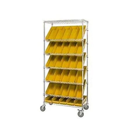 Global Industrial Easy Access Slant Shelf Chrome Wire Cart, 48 4 Shelf Bins Yellow, 36"Lx18x74 269002YL