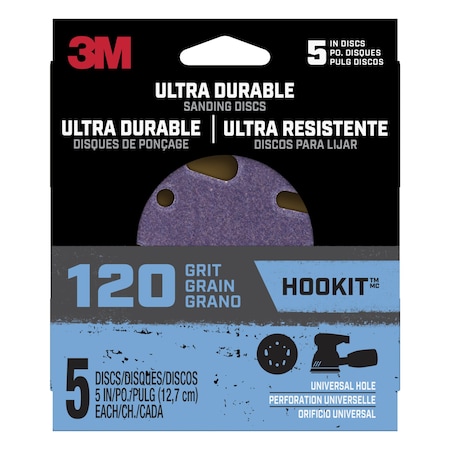 3M Ultra Durable 5 inch Power Sanding Discs, Universal Hole, 120 grit, 20PK DISC5IN5PK120