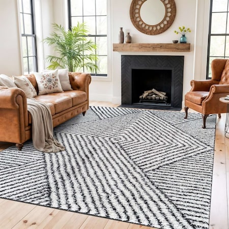 World Rug Gallery Minimal Stripe Geometric Shag Area Rug 7 ft 10 in x 10 ft White WR130WHITE8X10
