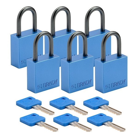Brady Lockout Padlock, Keyed Alike, Aluminum, Blue, 1 in Shackle Height, 1 1/4 in Body Width, 6 PK CPAL-BLU-25AL-KA6
