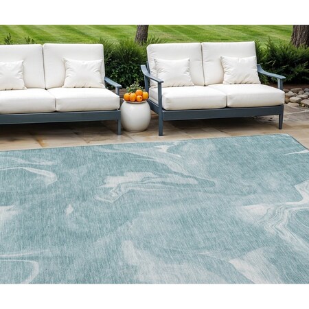 Homeroots 10' X 14' Teal Blue And Aqua Abstract Washable Indoor Outdoor Area Rug 587493