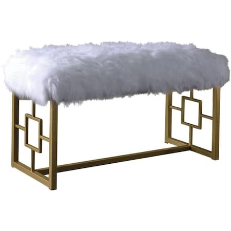 Homeroots 18in White and Gold Faux Fur And Metal Bench 347540