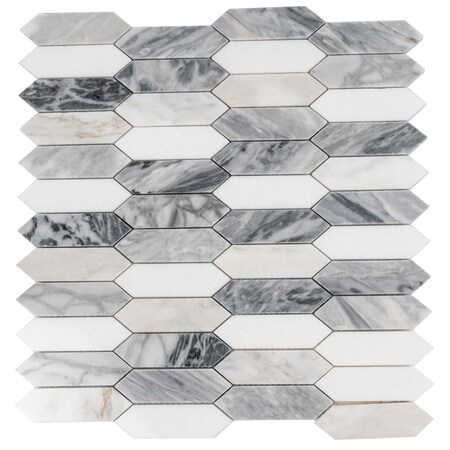 Apollo Tile Toscana 12x12 in. Polished Calacatta Bluette, Thassos White Elongated Picket Mosaic Tile, 5PK APLEML88G48A
