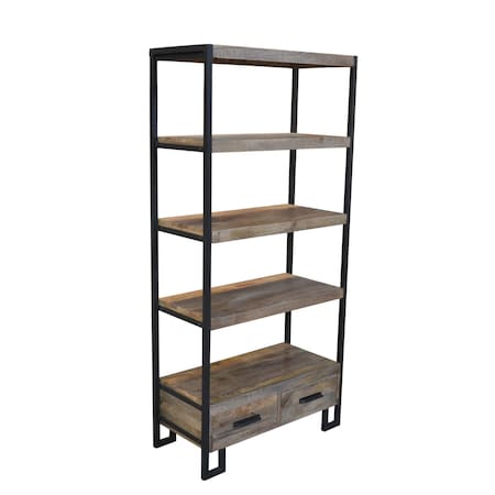 Homeroots 71" Brown Distressed Solid Wood Four Tier Etagere Bookcase with Two Drawers 488872