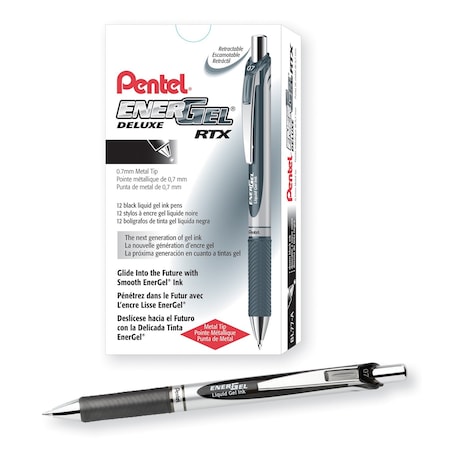 Pentel EnerGel RTX Retractable Liquid Gel Pen, (0.7mm) Metal Tip, Medium Line, Black Ink, 1 Dozen, 12PK BL77-A
