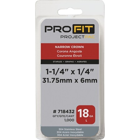 Pro-Fit 1/4'' x 1-1/4'' 18 Gauge 304-Stainless Steel L-Style Narrow Crown Staple, 1000 Ct. 718432