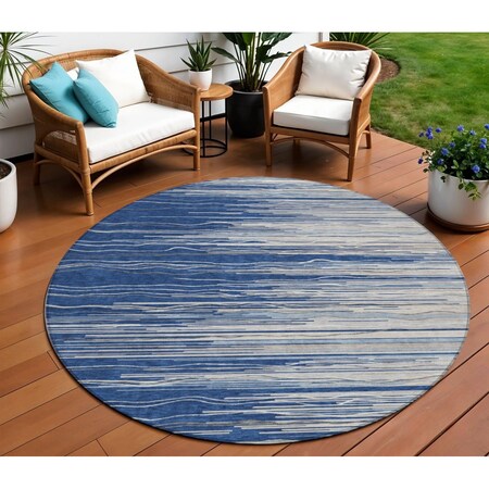 Homeroots 8' Navy Blue Gray And Ivory Round Striped Washable Indoor Outdoor Area Rug 597267