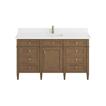 James Martin Vanities Brittany 60" Sgl Vanity, Pecan w/ Sgl Hole 3 CM White Zeus Silestone Top and Matching Backsplash 655-V60S-PCN-1WZ