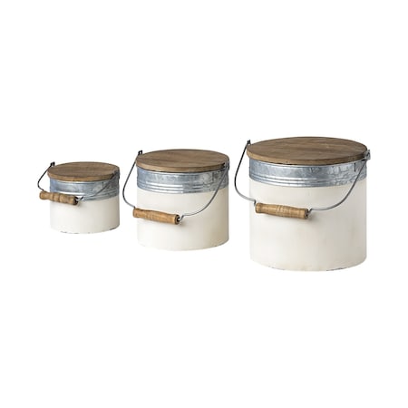 Homeroots Set Of Three Rustic White Metal Storage Cans, 3PK 392587