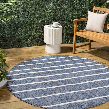 Jonathan Y Colonia Berber Stripe Blue/Ivory 6 ft Round Indoor/Outdoor Area Rug SMB125C-6R