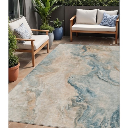 Homeroots 5' X 8' Teal Blue Coral And Ivory Abstract Washable Indoor Outdoor Area Rug 617585