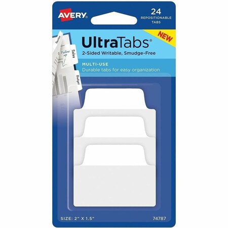 Avery Ultra Tabs Repositionable Multi-Use Tabs - 24 Tab(s) - 8 Tab(s)/Set - Clear Film, White Paper, 72PK 74787
