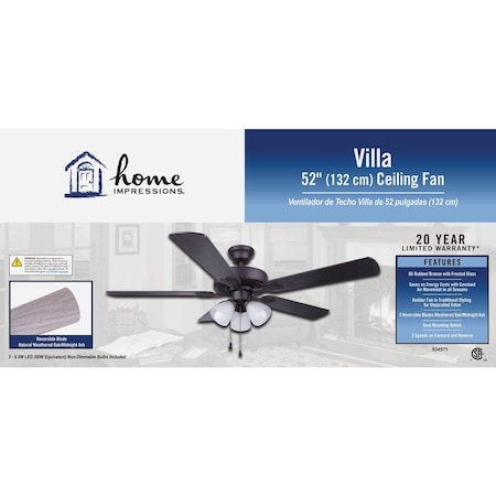 Home Impressions Villa 52'' Oil Rubbed Bronze Ceiling Fan with Light Kit CF52VIL5ORB-B