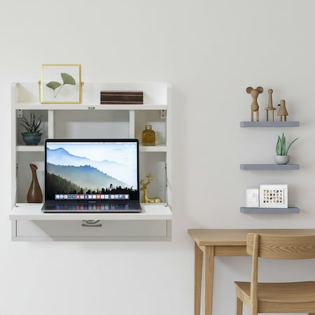 Basicwise Wall Mount Folding Laptop Writing Computer or Makeup Desk with Storage Shelves and Drawer, White QI004015.WT
