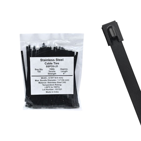 Cable Ties Unlimited Cable Tie, 5.8 in L, 150 lb Strength, 1.4 in Max Bundle Dia, Coated 316 Stainless Steel, Blk, 100PK SSPCoated6-LD