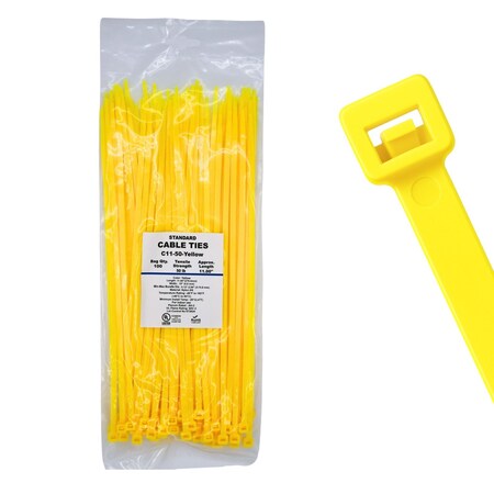 Cable Ties Unlimited Cable Tie, 11 in L, 50 lb Strength, 3.2 in Max Bundle Dia, Nylon 6/6, Yellow 100PK C11-50-Yellow