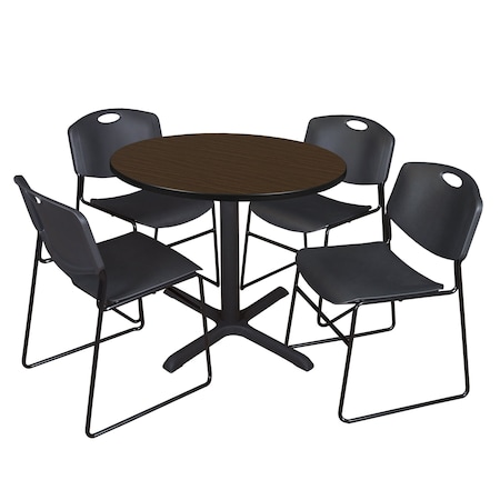 Regency Round Cain Breakroom Table W/ 4 Zeng Stack Chairs, 36 in W, 36 in L, Neo Walnut TB36RNDNW44BK
