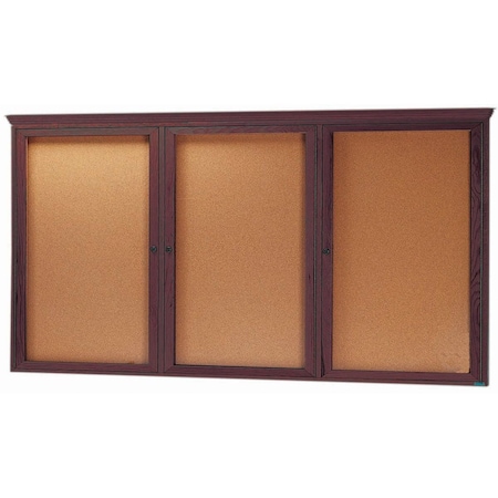 Aarco Enclosed Bulletin Board w/ Red Oak Frame and Crown Molding Walnut Stained, 36''Hx72''W, Three Door WBC3672RC