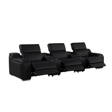 Homeroots 129" Black Italian Leather Reclining USB Sofa 632885
