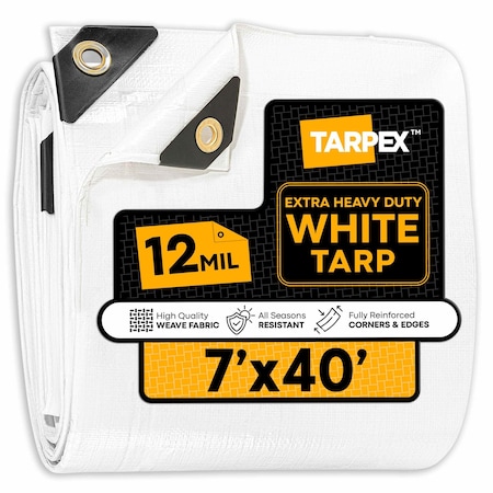 Extra Heavy Duty Tarp, 7 ft x 40 ft, 12 Mil, White, Polyethylene
