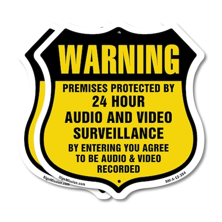 Signmission 24 Hour Surveillance Shield Sign Warning, 12 inch X 12 inch, Aluminum Metal Sign, 2PK SHI-A-2PACK-12-354