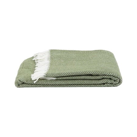 Homeroots 55" X 70" Moss Green And White Cotton Blend Woven Herringbone Plush Throw Blanket with Tassels 474034