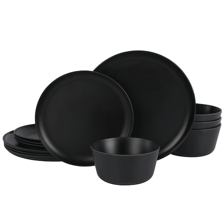 Gibson Home Fairhope 12 Piece Melamine Round Dinnerware Set in Matte Black 144614.12