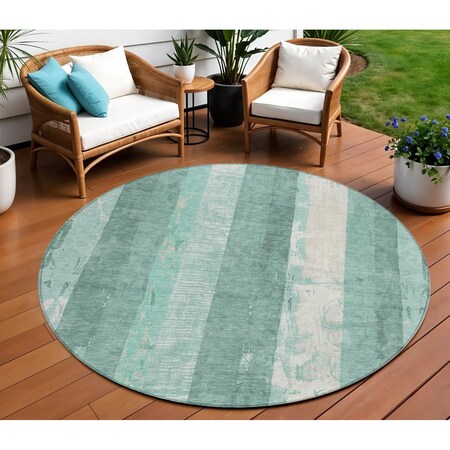 Homeroots 8' Pale Aqua And Teal Blue Round Striped Washable Indoor Outdoor Area Rug 617850
