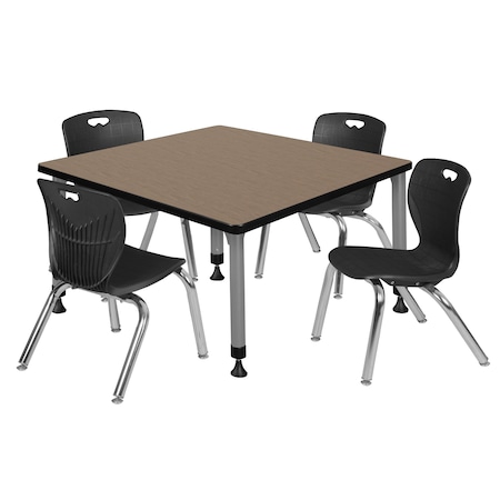 Regency Square Kee Adjustable Classroom Table W/ 4 Andy Stack Chairs, 42 in W, 30 in L, Noble Oak TB4242NOAPGY45BK