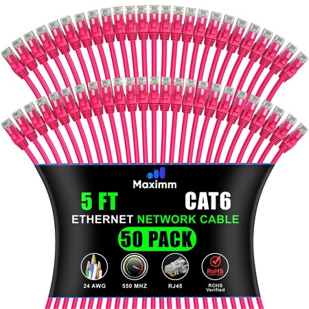 Maximm Cat6 Ethernet Cable 5ft 10Gbps 550MHz UTP, 50PK, Pink, 50PK CAT6CCA-5PN-50PK