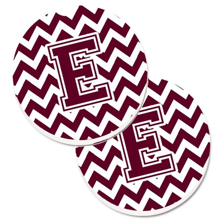 Carolines Treasures Letter E Chevron Maroon and White Set of 2 Cup Holder Car Coaster CJ1051-ECARC