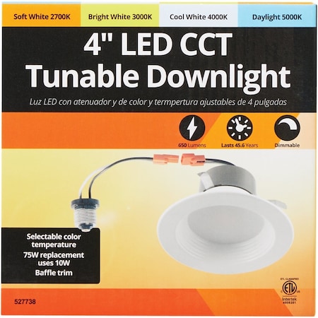 Unbranded 4'' Retrofit IC Rated White LED CCT Tunable Downlight with Baffle Trim 650 Lm. D834-CCT