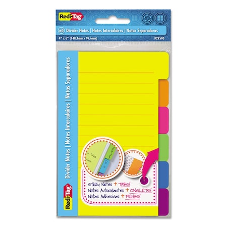 Redi-Tag Index Sticky Notes, 6-Tab Sets, Note Ruled, 4in x 6in, Assorted Colors, 60 Sheets, 2PK 29500
