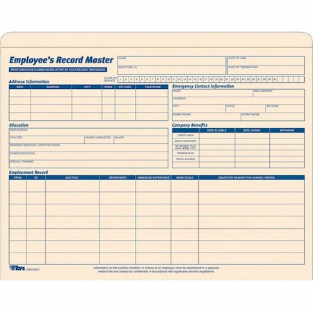 Tops Business Forms Tops Employee Record Master File Jackets, 1" Expansion, 25-3/4" x 9-1/2", Manila, 15/Pack 32801