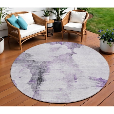 Homeroots 8' Purple Lavender And Gray Round Abstract Washable Indoor Outdoor Area Rug 582676
