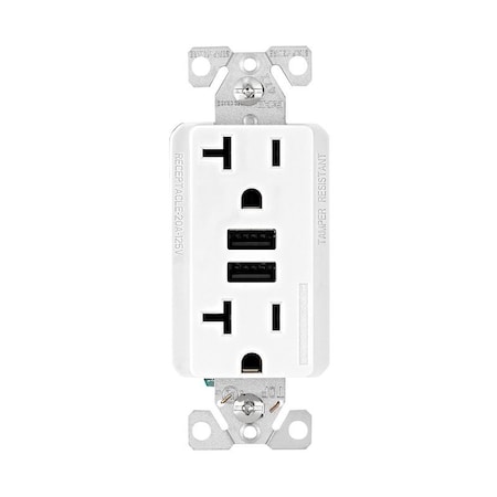 Eaton Wiring Devices Eaton Duplex Receptacle with USB Ports, 2 -Pole, 20 A, 125 V, NEMA: 5-20R, White TR7766W-KB-L