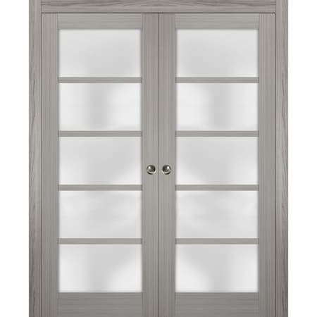 Sartodoors Sliding French Double Pocket 56x96" Quadro 4002 Grey Ash Kit Trims Rail Hardware Wood Interior QUADRO4002DP-SSS-5696