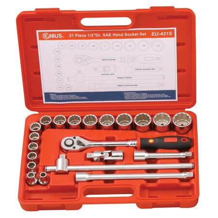 Genius Tools 21PC 1/2in Dr. SAE Hand Socket Set EU-421S