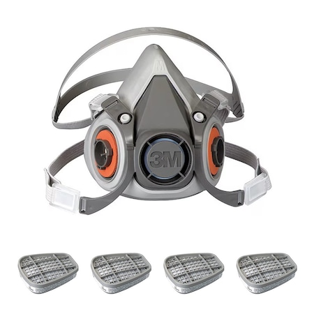 3M Low Maintenance Half Mask Respirator Kit:  Includes 4 Chemical Cartridges, Acid Gas, White, M 6AD97-3AG78