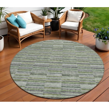 Homeroots 8' Olive Green And Gray Round Striped Washable Indoor Outdoor Area Rug 587916