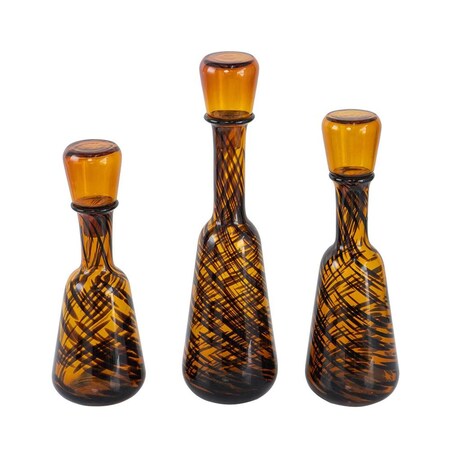 Homeroots Set of Three Amber Abstract Swirl Glass Decorative Bottles With Stoppers, 3PK 574229