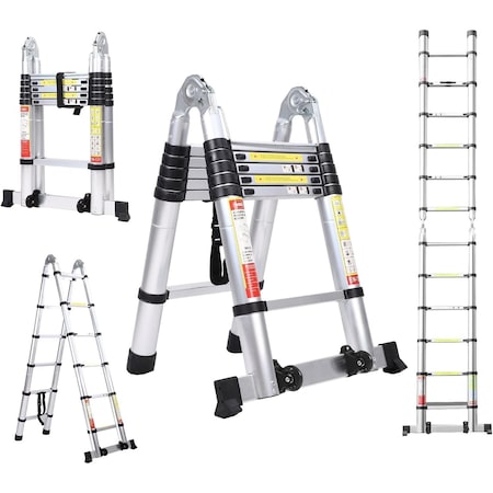 Edendirect 12.5 ft Multi-Purpose Aluminum A-Frame Extension Ladder with Wheels, 330 lb Capacity, Non-Slip Steps ED-763967987141