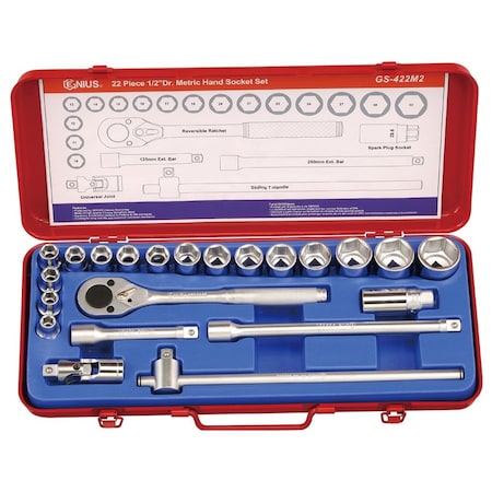 Genius Tools 22PC 1/2in Dr. Metric Hand Socket Set GS-422M2