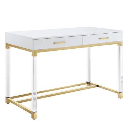 Homeroots 48" White Clear and Gold Wood Acrylic and Stainless Steel Writing Desk With Two Drawers 543751
