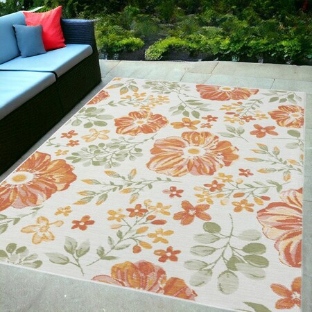 Homeroots 5' X 7' Ivory Green and Orange Floral Stain Resistant Indoor Outdoor Area Rug 548896