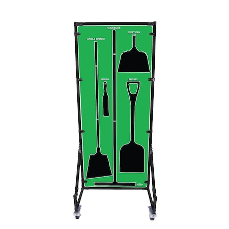 5S Supplies Housekeeping Shadow Board Broom Station V5, Green / Black Shadows, No Broom, No Text HSB-V5-GREEN-BO- NO TEXT