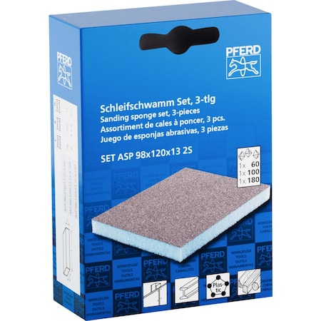 Pferd PFERD Sanding sponge Set with 4 abrasive sides, 4in x 4-3/4, 60, 80, 180 Grit, Aluminum oxide, 3 PK 46407