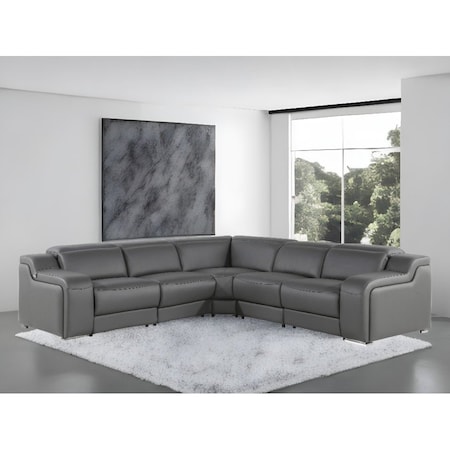 Homeroots Dark Gray Italian Leather Power Reclining L Shaped Five Piece Corner Sectional 544981