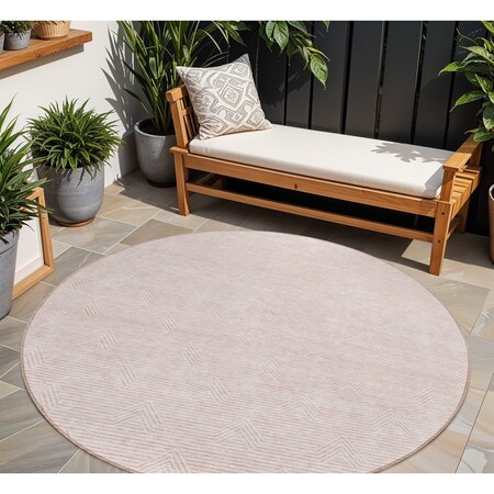 Homeroots 8' Pink And Gray Round Geometric Washable Indoor Outdoor Area Rug 594409